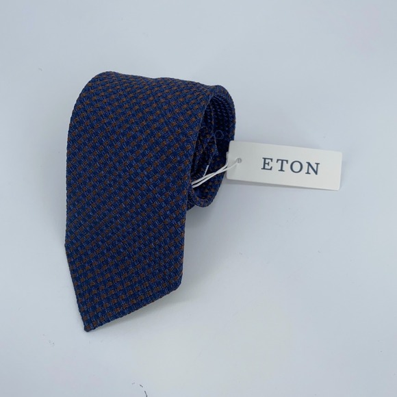 Eton‎ Tie Mens One Size Blue Brown Patterned Silk Classic Necktie Italy Made NWT